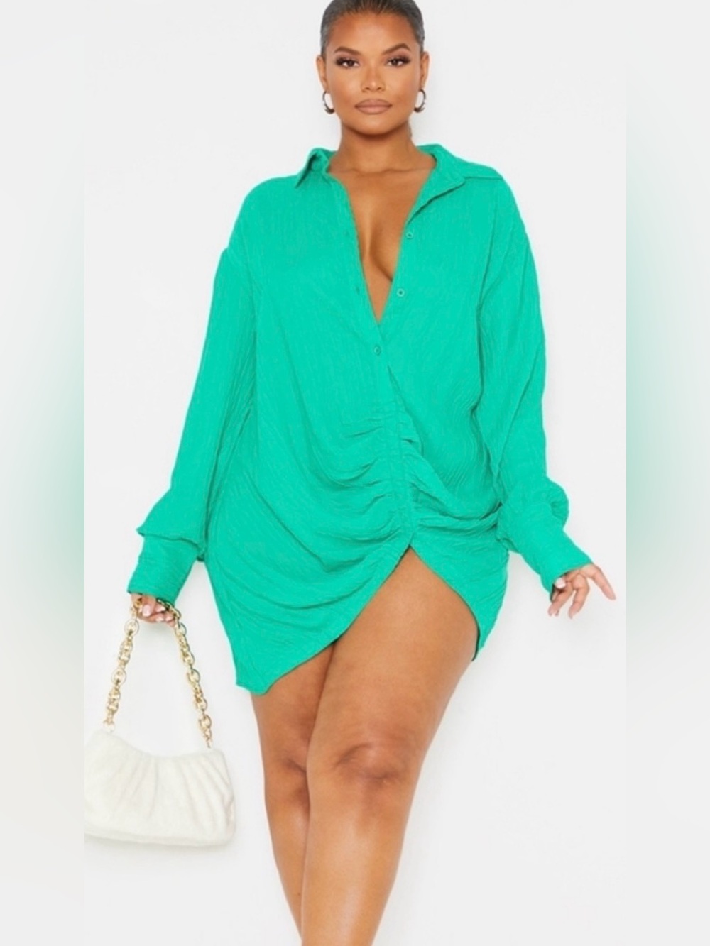 Pretty Little Thing GREEN TEXTURED GATHERED SHIRT DRESS Size 22